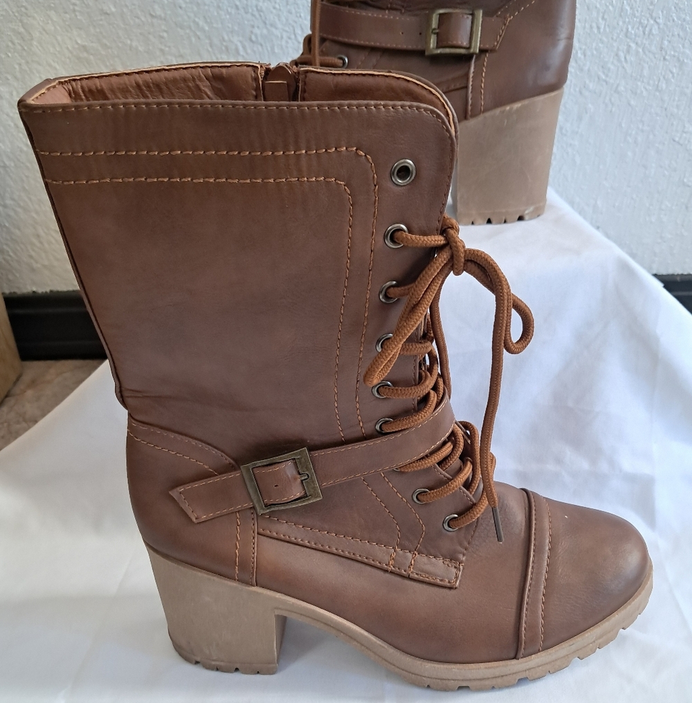 Bella Marie Troy Combat Boots Brown Faux Leather Lace Up Buckle Zip Streetwear